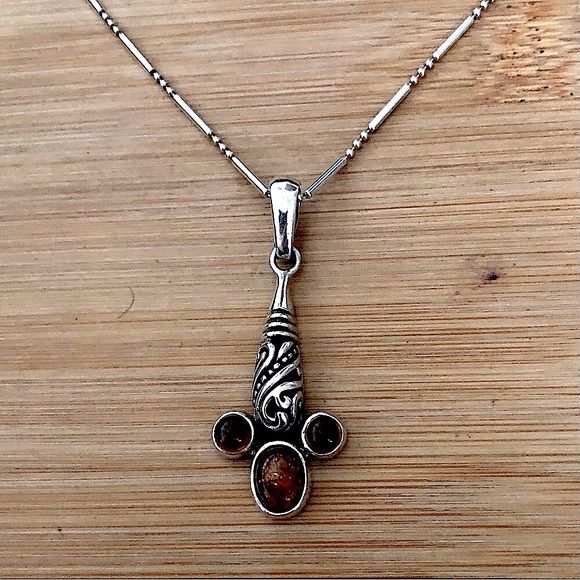 IBB Jewelry - $76  Designer Estate Amber & Sterling Pendant With Designer Chain Marked IBB 925